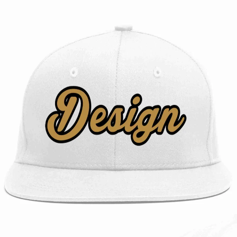 Baseball Cap For Gift Ideas-Custom White Old Gold-Black Flat Eaves Sport Baseball Cap Design for Men/Women/Youth