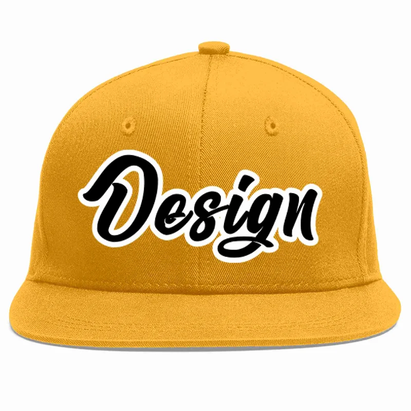 Baseball Cap With Team Sponsorship-Custom Gold Black-White Flat Eaves Sport Baseball Cap Design for Men/Women/Youth