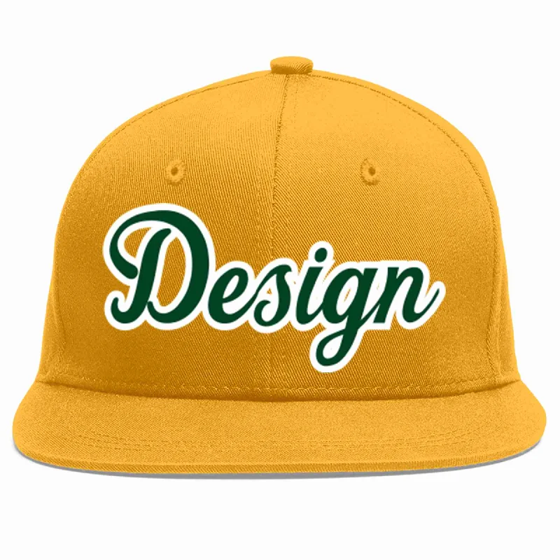 Baseball Cap For Trendy Casual Looks-Custom Gold Green-White Flat Eaves Sport Baseball Cap Design for Men/Women/Youth