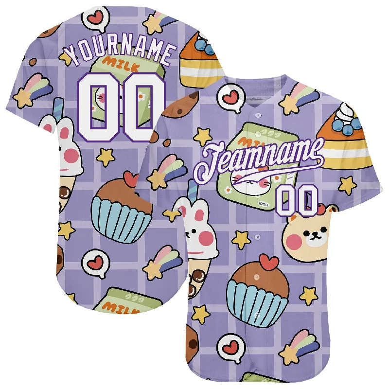 Baseball Jersey For Marketing-Custom Purple White-Purple 3D Pattern Design Sticker Cartoons Authentic Baseball Jersey