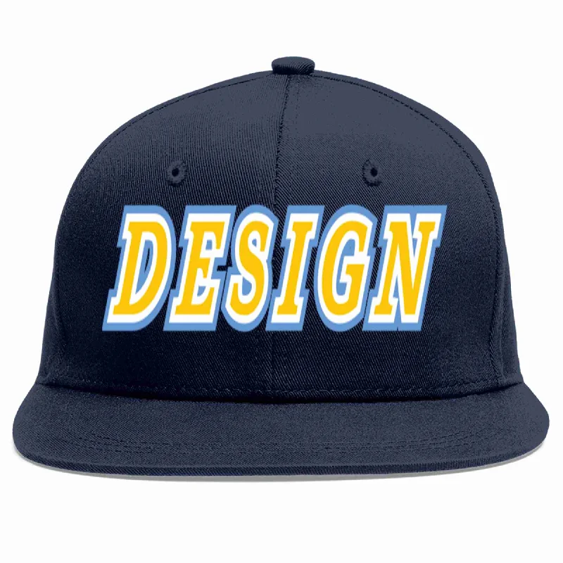 Baseball Cap For Beach Wear-Custom Navy Gold-White Flat Eaves Sport Baseball Cap Design for Men/Women/Youth