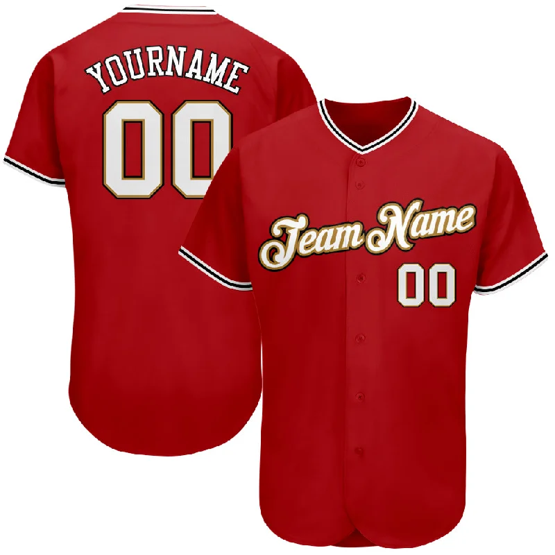 Baseball Jersey With Zippered Pockets-Custom Red White-Old Gold Authentic Baseball Jersey