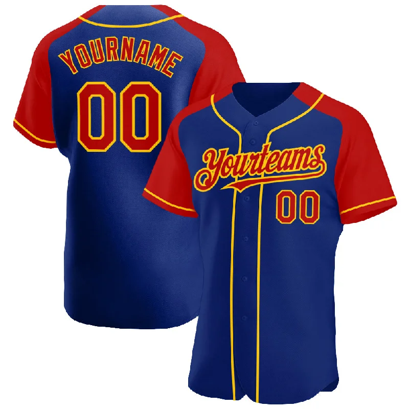 Baseball Jersey With National Team Design-Custom Royal Red-Yellow Authentic Raglan Sleeves Baseball Jersey