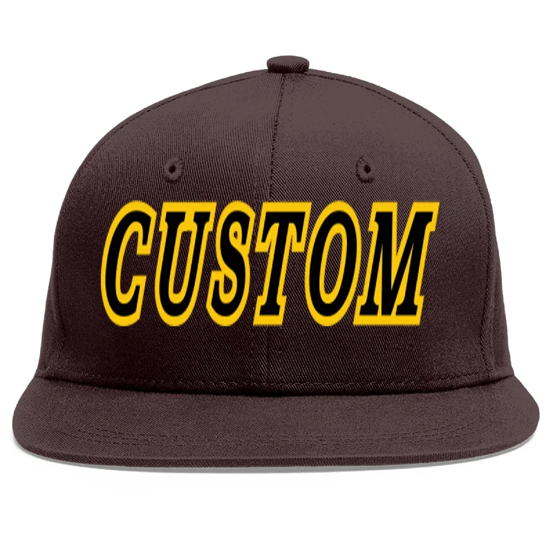 Baseball Cap With Printed Logos-Custom Brown Black-Gold Flat Eaves Sport Baseball Cap