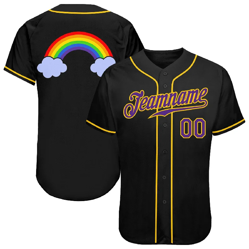 Baseball Jersey With Bold Team Name-Custom Black Purple-Gold Rainbow For Pride LGBT Authentic Baseball Jersey