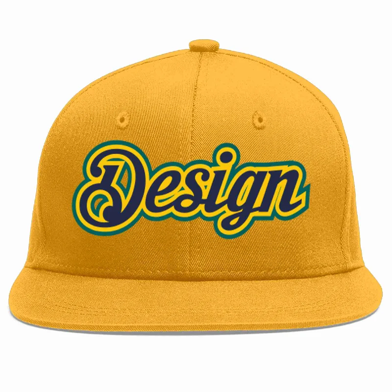 Baseball Cap With Custom Embroidery Design-Custom Gold Navy-Gold Flat Eaves Sport Baseball Cap Design for Men/Women/Youth