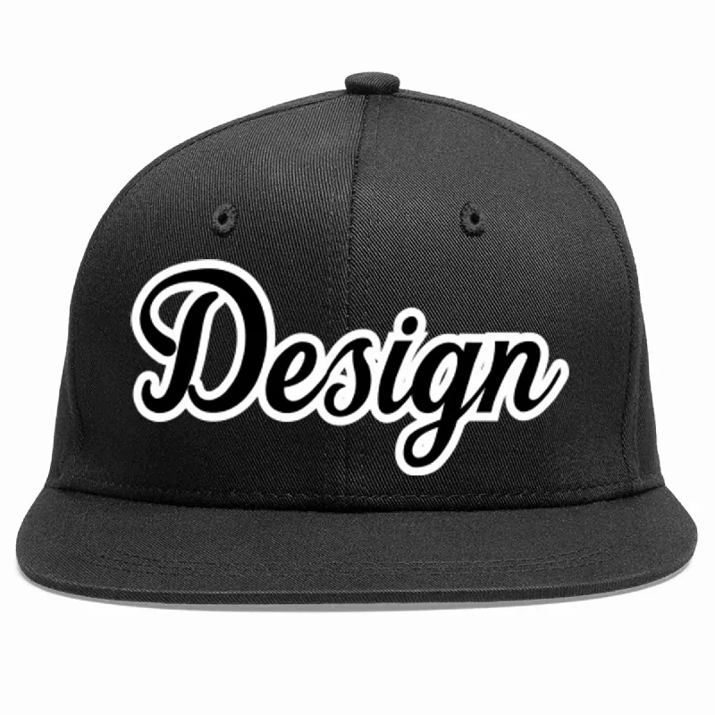 Baseball Cap For Streetwear-Custom Black Black-White Flat Eaves Sport Baseball Cap Design for Men/Women/Youth