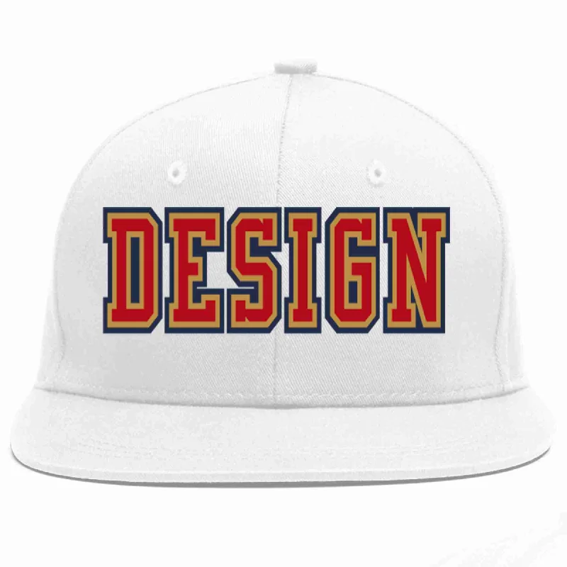 Baseball Cap For Basketball Fans-Custom White Red-Old Gold Flat Eaves Sport Baseball Cap Design for Men/Women/Youth