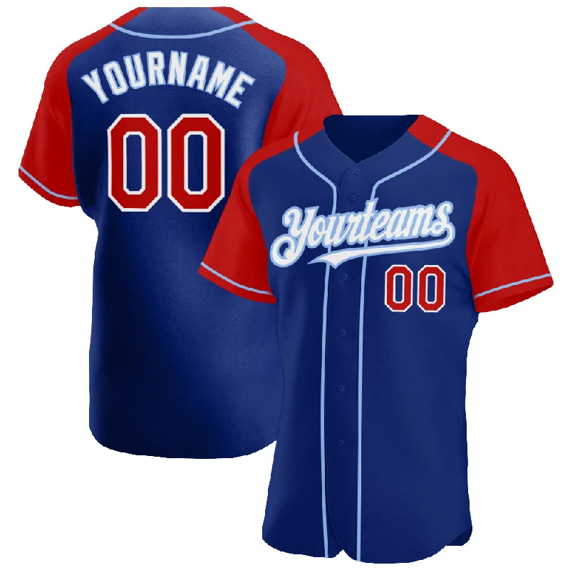 Baseball Jersey For Baseball Fans Apparel-Custom Royal Red-Light Blue Authentic Raglan Sleeves Baseball Jersey