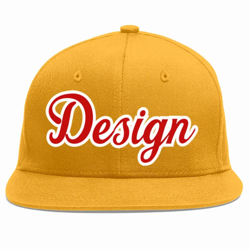 Baseball Cap For Concert Fans-Custom Gold Red-White Flat Eaves Sport Baseball Cap Design for Men/Women/Youth