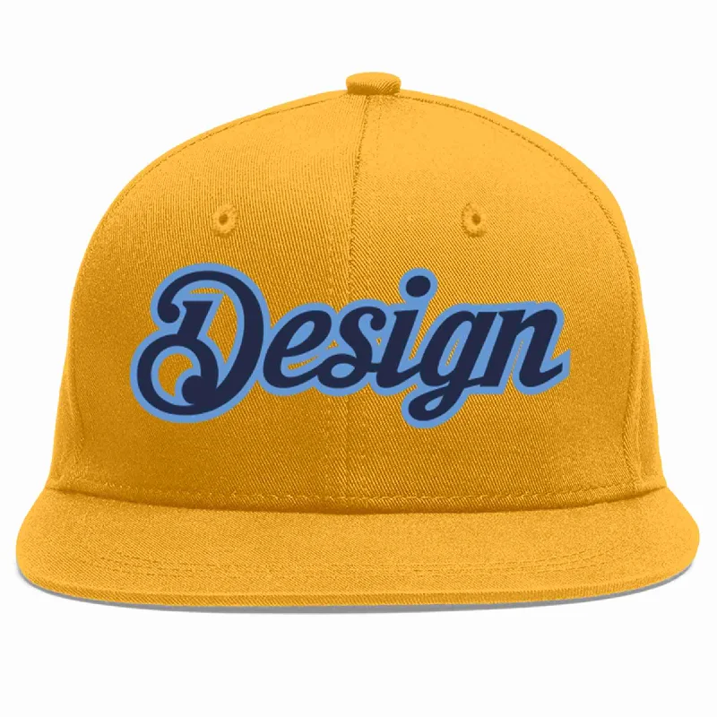 Baseball Cap With Printed Text-Custom Gold Navy-Light Blue Flat Eaves Sport Baseball Cap Design for Men/Women/Youth