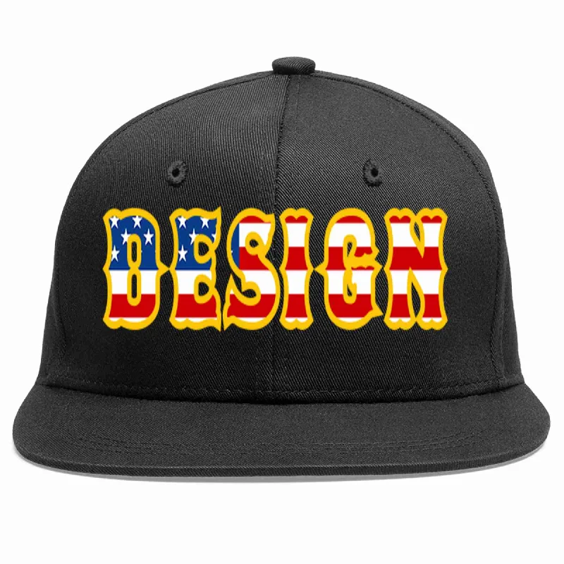 Custom Baseball Cap For Gifts-Custom Black Vintage?USA?Flag-Gold Flat Eaves Sport Baseball Cap Design for Men/Women/Youth