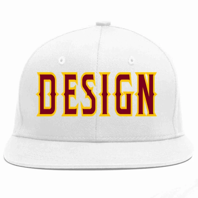 Baseball Cap For Personalized Clothing-Custom White Crimson-Gold Flat Eaves Sport Baseball Cap Design for Men/Women/Youth