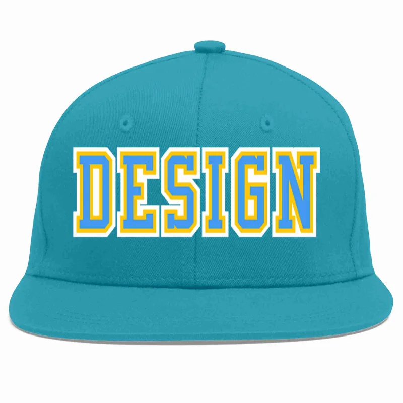 Personalized Snapback Baseball Cap-Custom Aqua Powder Blue-Gold Flat Eaves Sport Baseball Cap Design for Men/Women/Youth