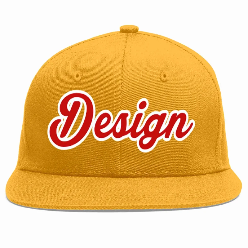 Baseball Cap With Design-Custom Gold Red-White Flat Eaves Sport Baseball Cap Design for Men/Women/Youth