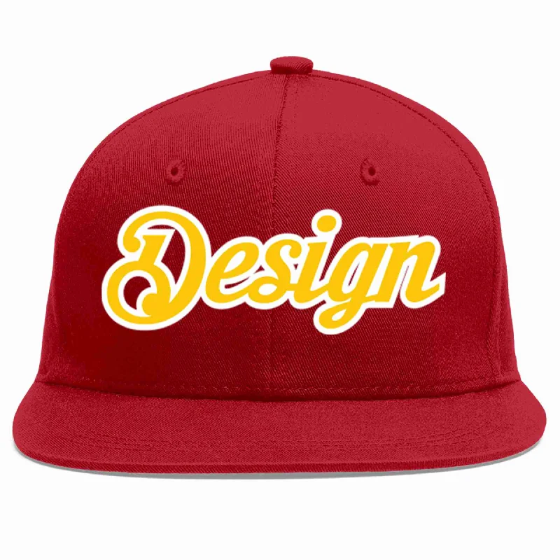 Baseball Cap For Sporting Events-Custom Red Gold-White Flat Eaves Sport Baseball Cap Design for Men/Women/Youth