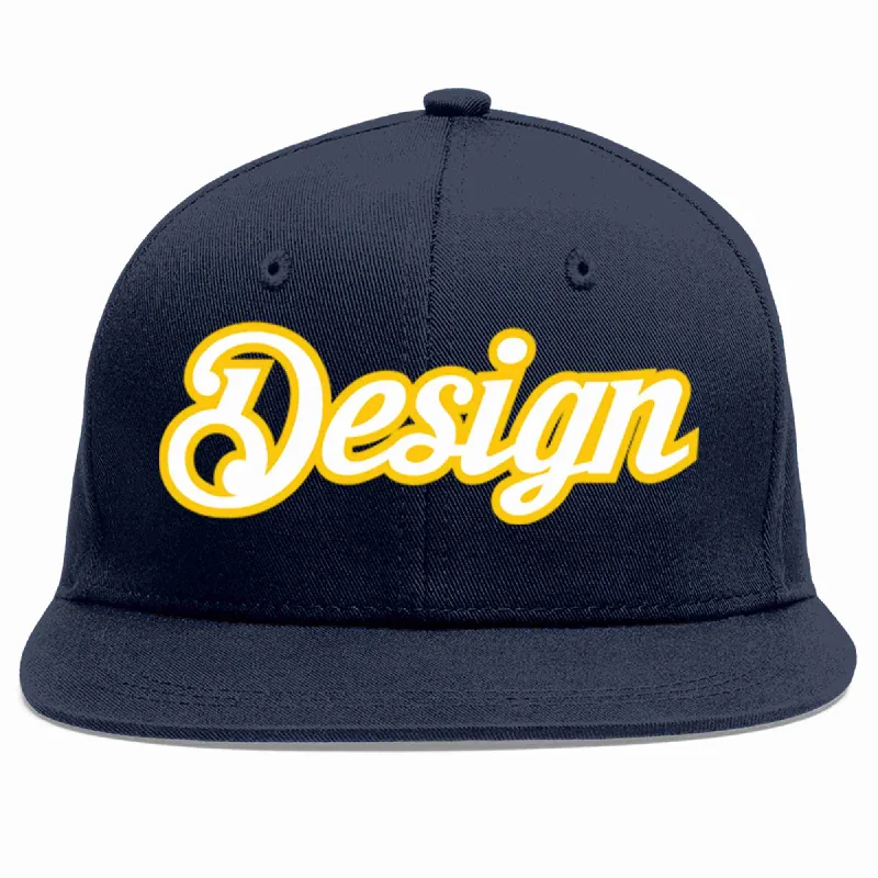 Baseball Cap For Music Festivals-Custom Navy White-Gold Flat Eaves Sport Baseball Cap Design for Men/Women/Youth