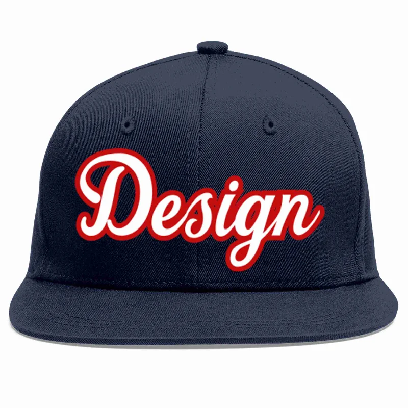 Baseball Cap For Collectors-Custom Navy White-Red Flat Eaves Sport Baseball Cap Design for Men/Women/Youth