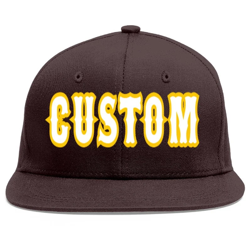 Baseball Cap For Outdoor Sports-Custom Brown White-Gold Flat Eaves Sport Baseball Cap