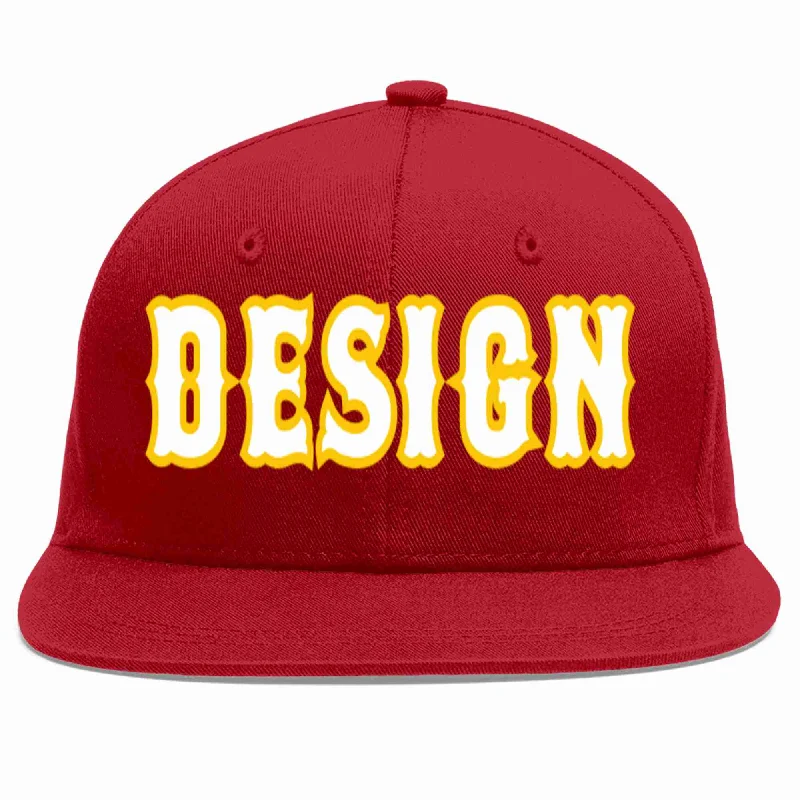 Baseball Cap For Event Merchandise-Custom Red White-Gold Flat Eaves Sport Baseball Cap Design for Men/Women/Youth