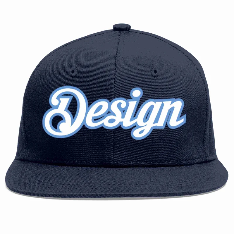 Baseball Cap With Embroidered Graphics-Custom Navy White-Light Blue Flat Eaves Sport Baseball Cap Design for Men/Women/Youth