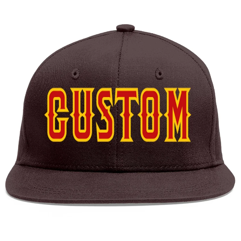 Baseball Cap For Special Events-Custom Brown Red-Yellow Flat Eaves Sport Baseball Cap