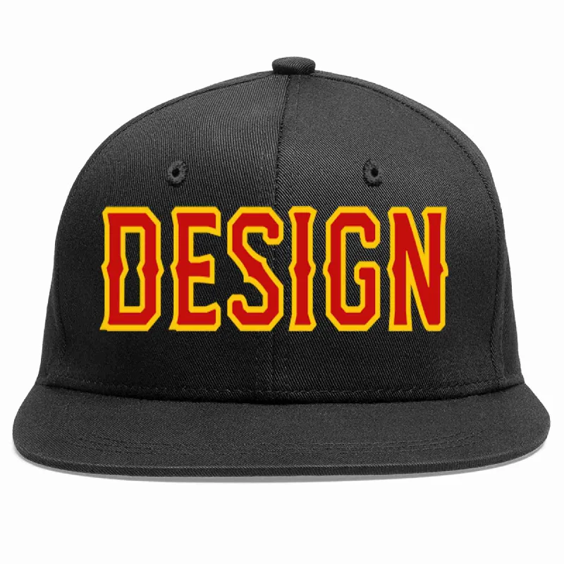 Baseball Cap With Patch-Custom Black Red-Yellow Flat Eaves Sport Baseball Cap Design for Men/Women/Youth