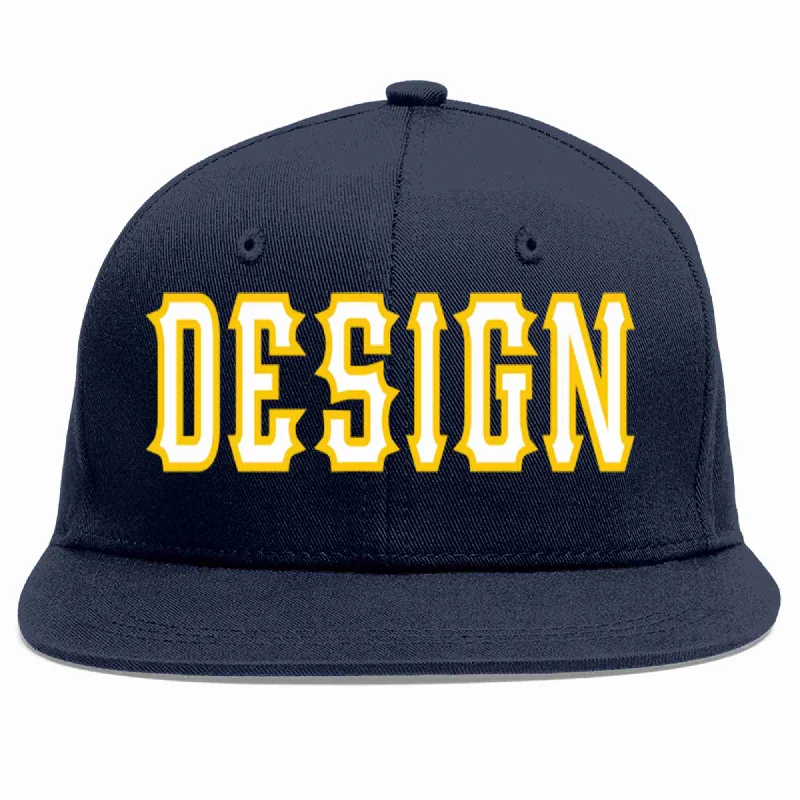 Baseball Cap With Flexible Fit-Custom Navy White-Gold Flat Eaves Sport Baseball Cap Design for Men/Women/Youth