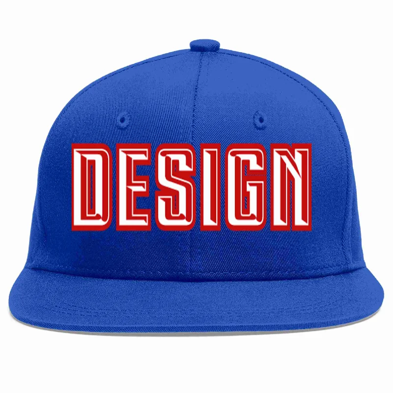 Baseball Cap With Graphics Design-Custom Royal White-Red Flat Eaves Sport Baseball Cap Design for Men/Women/Youth