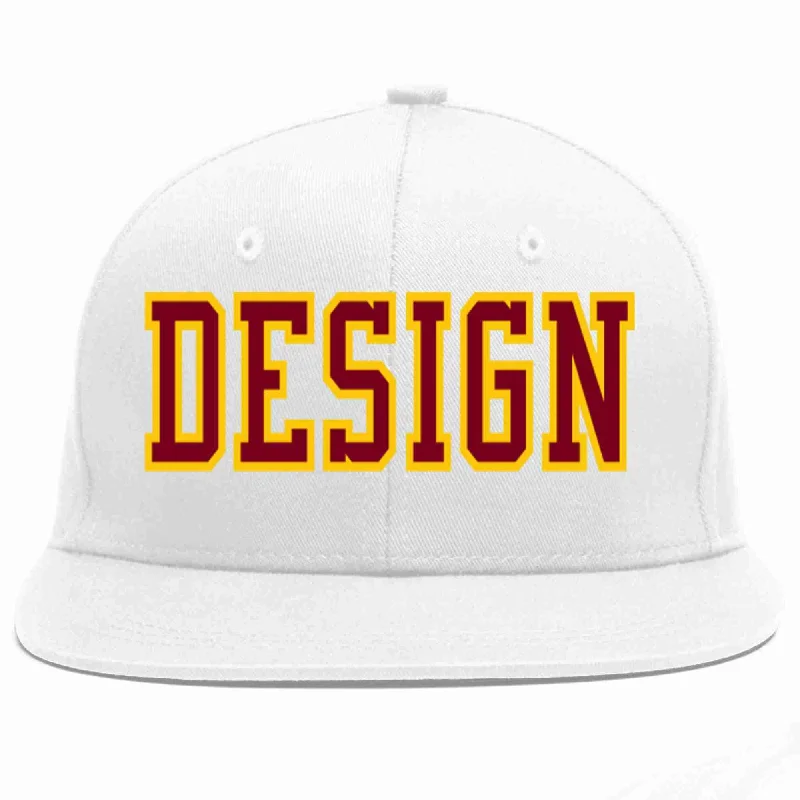 Baseball Cap For Personalized Fan Apparel-Custom White Crimson-Gold Flat Eaves Sport Baseball Cap Design for Men/Women/Youth