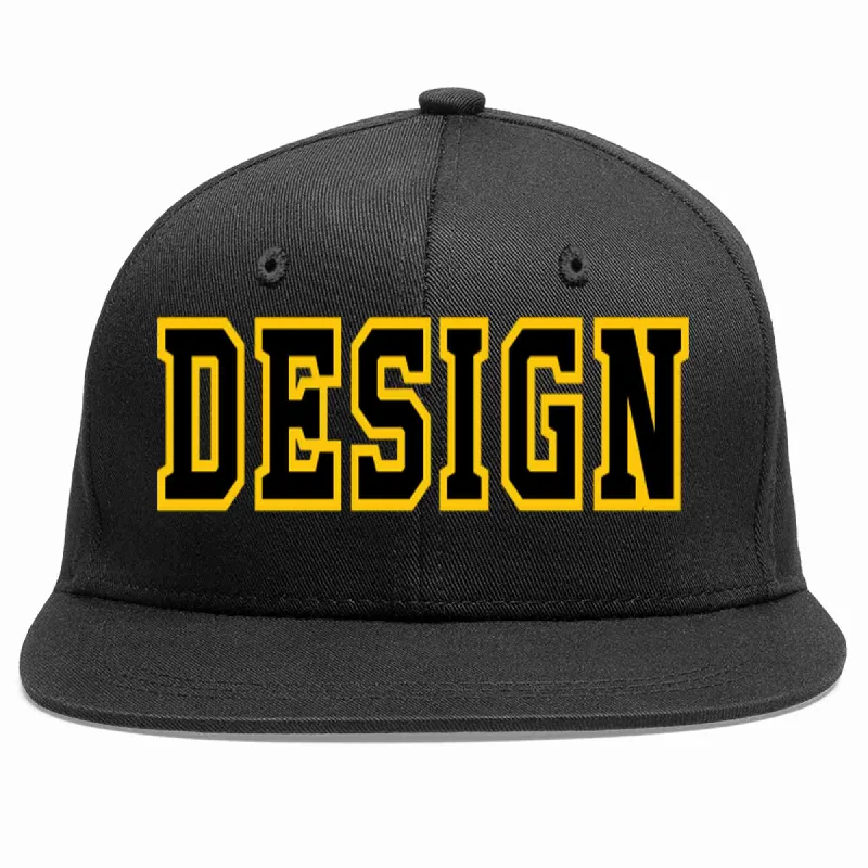 Baseball Cap With Seasonal Colors-Custom Black Black-Gold Flat Eaves Sport Baseball Cap Design for Men/Women/Youth