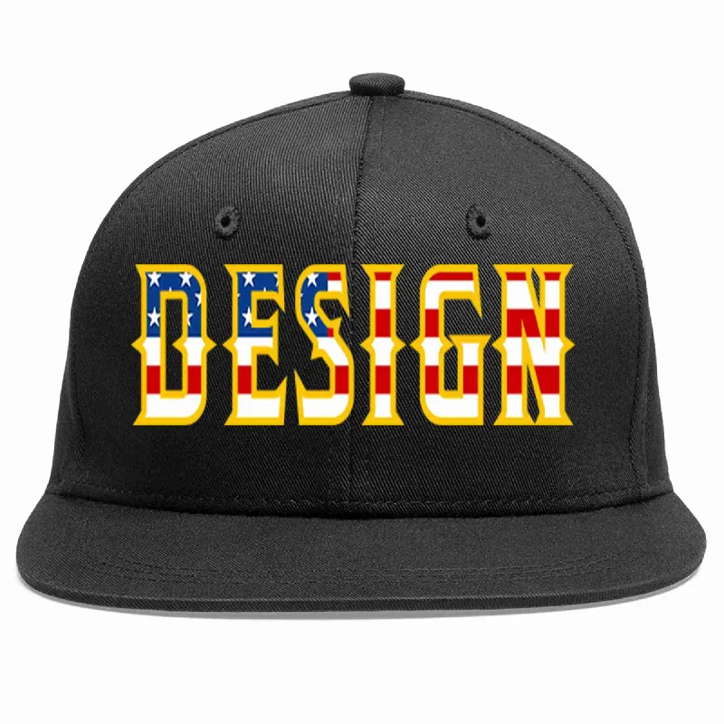 Baseball Cap For Sale-Custom Black Vintage?USA?Flag-Gold Flat Eaves Sport Baseball Cap Design for Men/Women/Youth