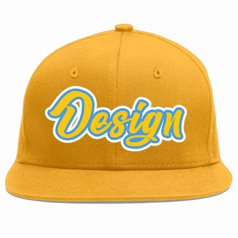 Baseball Cap For Seasonal Styles-Custom Gold Gold-Powder Blue Flat Eaves Sport Baseball Cap Design for Men/Women/Youth