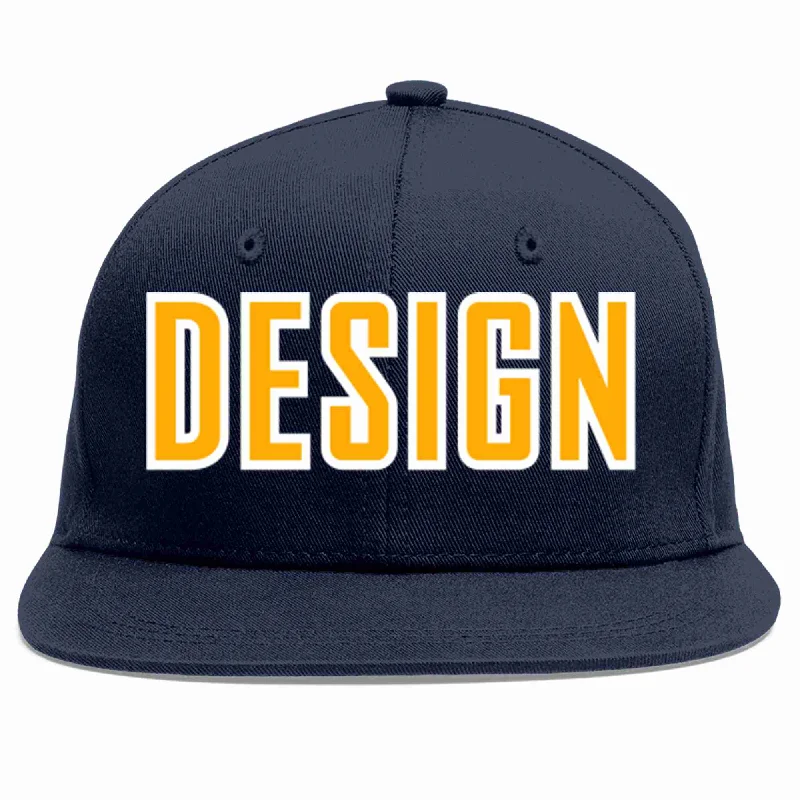 Baseball Cap For Custom Street Style-Custom Navy Yellow-White Flat Eaves Sport Baseball Cap Design for Men/Women/Youth