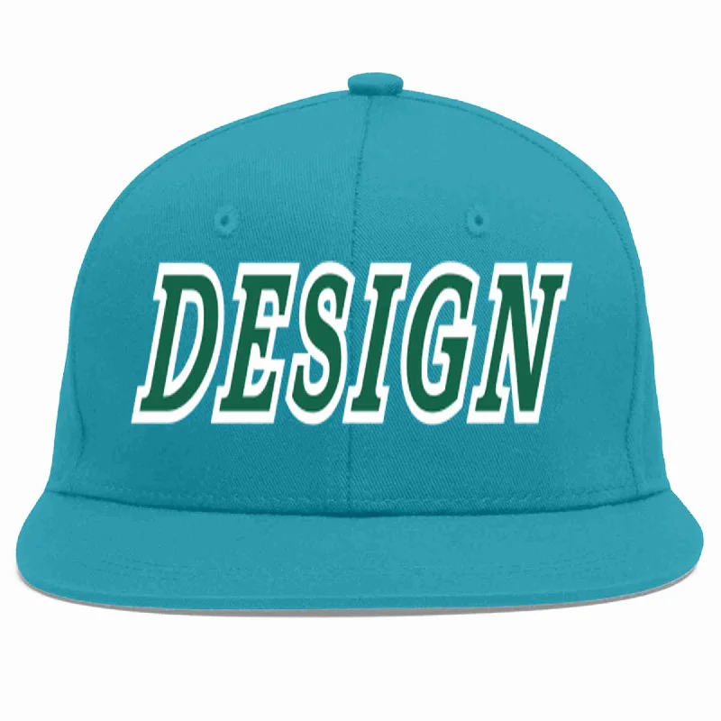 Baseball Cap For Outdoor Activities-Custom Aqua Kelly Green-White Flat Eaves Sport Baseball Cap Design for Men/Women/Youth