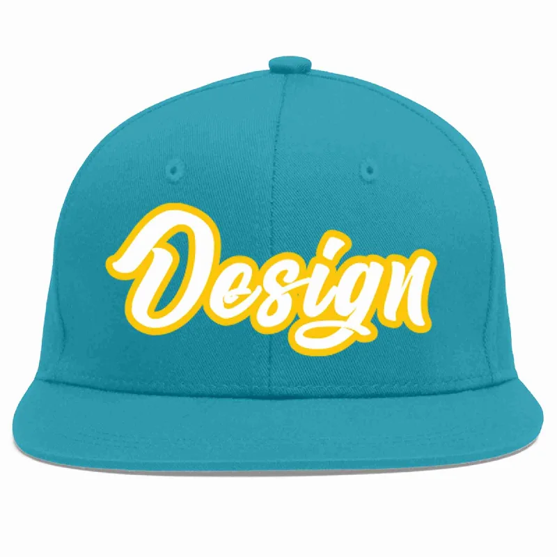 Baseball Cap For Kids-Custom Aqua White-Gold Flat Eaves Sport Baseball Cap Design for Men/Women/Youth