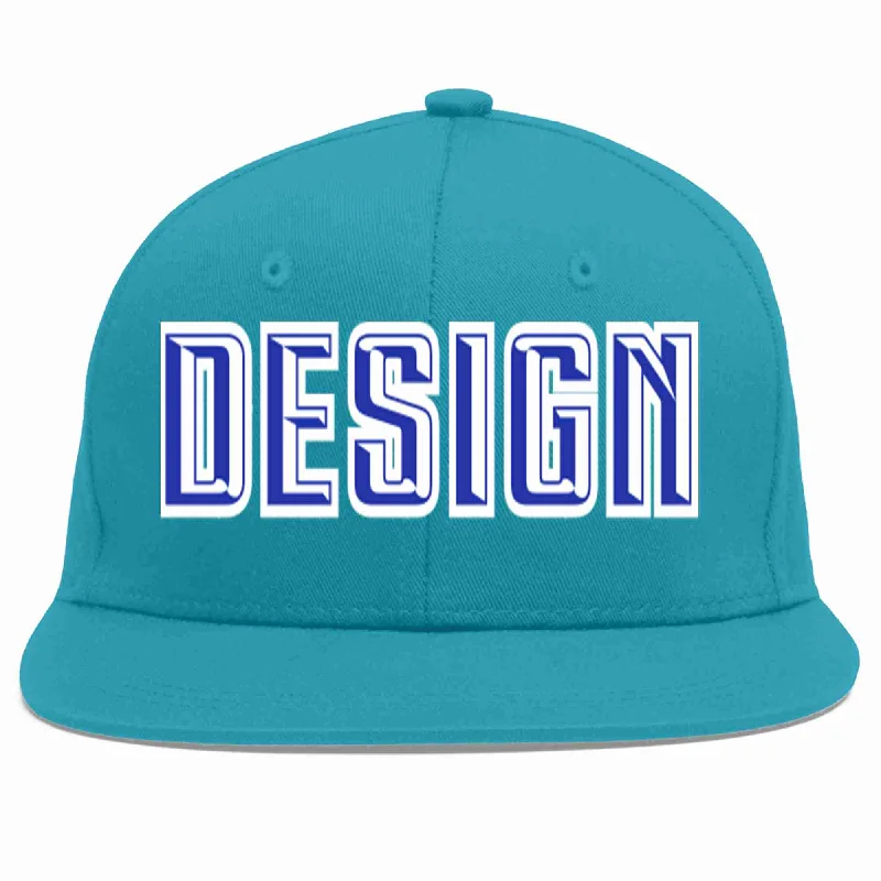 Baseball Cap For High School Teams-Custom Aqua Royal-White Flat Eaves Sport Baseball Cap Design for Men/Women/Youth