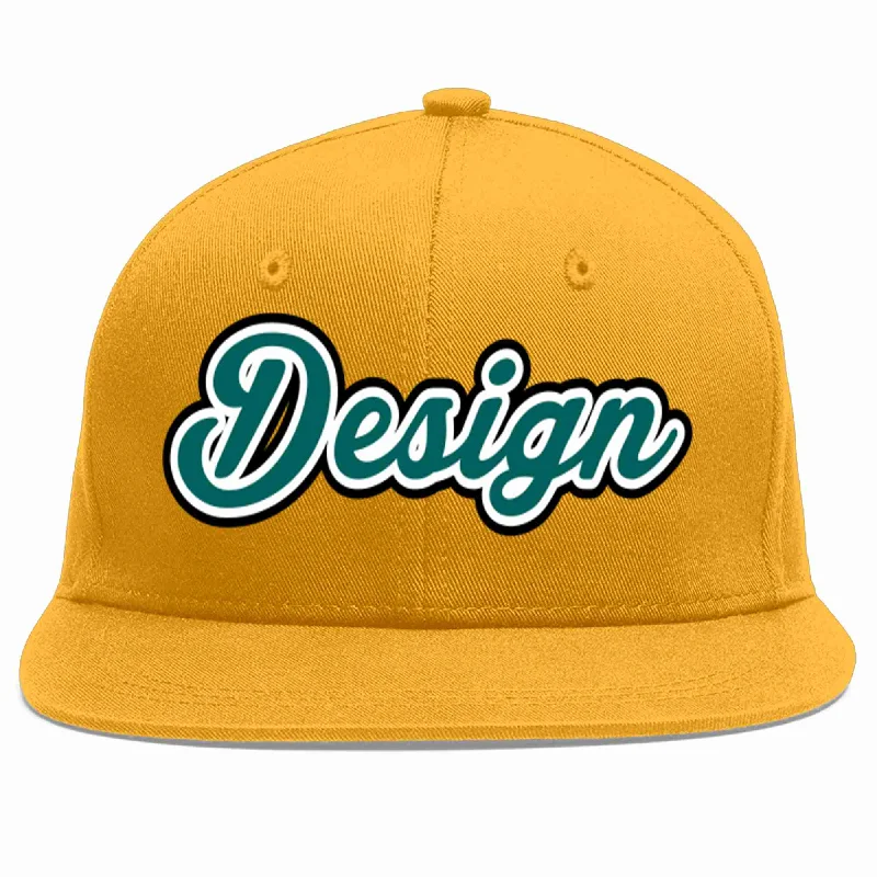 Fitted Baseball Cap-Custom Gold Aqua-White Flat Eaves Sport Baseball Cap Design for Men/Women/Youth