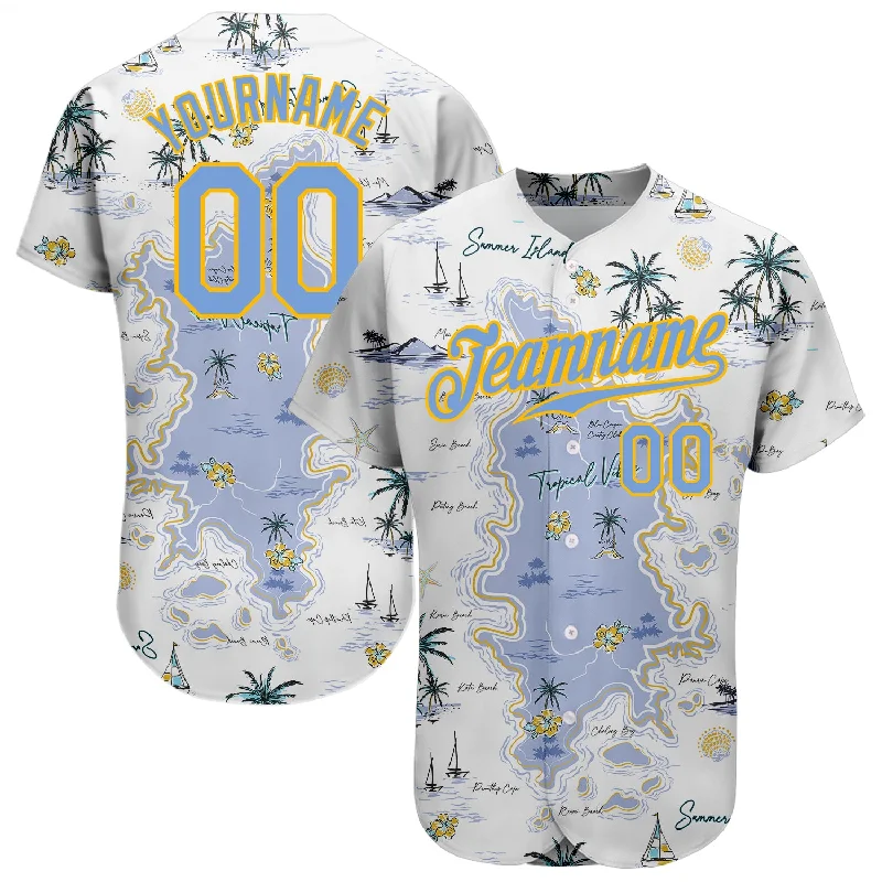 Baseball Jersey With Team Graphics-Custom White Light Blue-Yellow 3D Pattern Design Beach Hawaii Palm Trees And Island Authentic Baseball Jersey