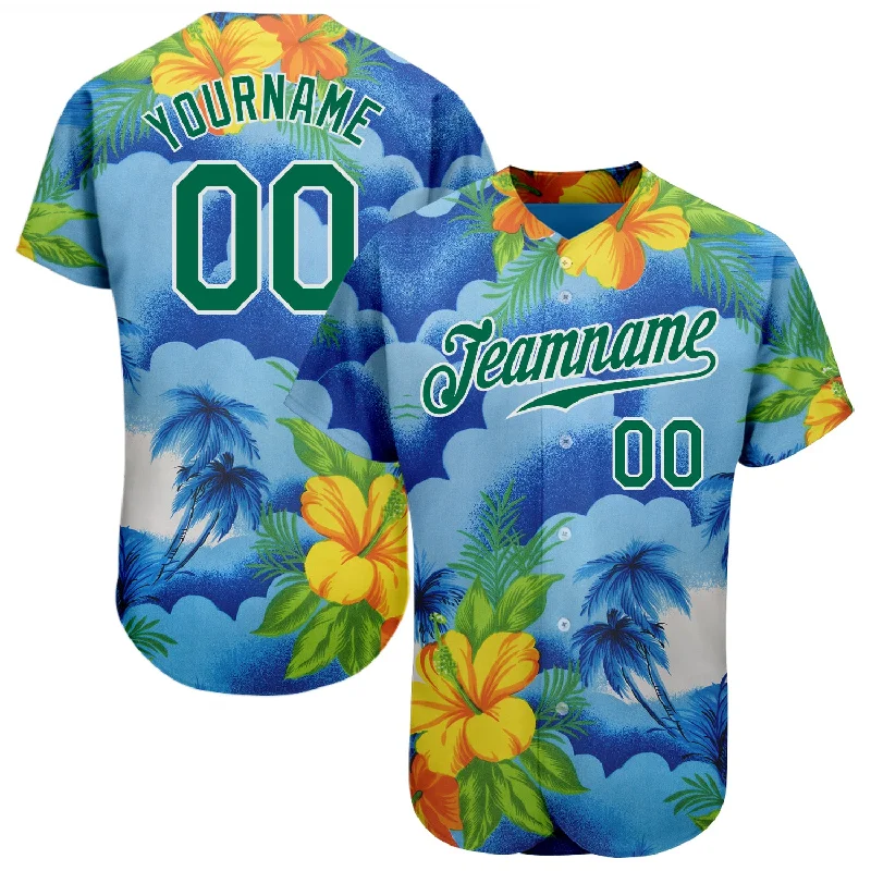 Baseball Jersey For Stylish Designs-Custom White Kelly Green 3D Pattern Design Beach Hawaii Palm Trees And Flowers Authentic Baseball Jersey