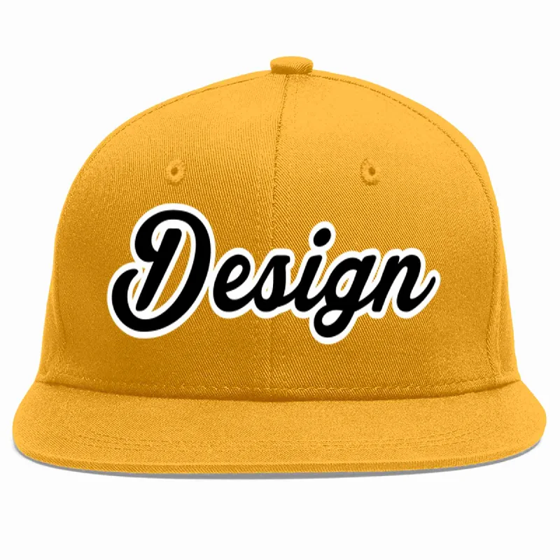 Baseball Cap With Custom Text-Custom Gold Black-White Flat Eaves Sport Baseball Cap Design for Men/Women/Youth