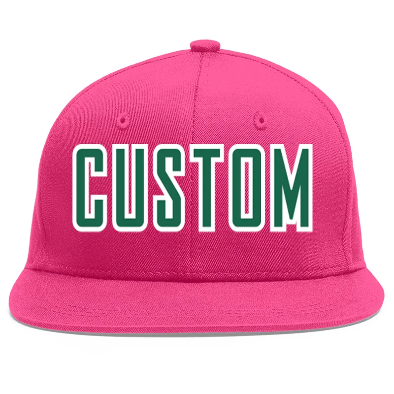 Baseball Cap For Sports Teams-Custom Rose Red Kelly Green-White Flat Eaves Sport Baseball Cap