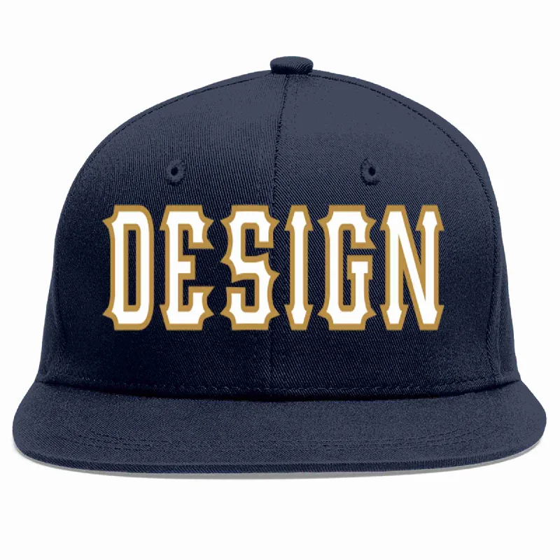 Baseball Cap With Mesh Panels-Custom Navy White-Old Gold Flat Eaves Sport Baseball Cap Design for Men/Women/Youth