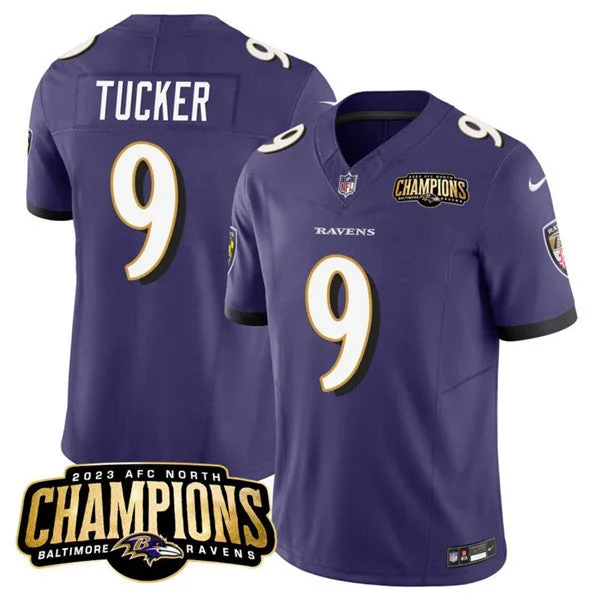 Football Jersey For Sports Sponsorship-Men's Baltimore Ravens #9 Justin Tucker Purple 2023 F.U.S.E. AFC North Champions Vapor Limited Football Stitched Jersey