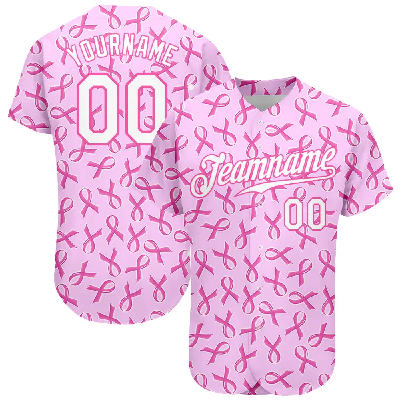 Baseball Jersey With Logo-Custom Pink White 3D Pattern Design Breast Cancer Authentic Baseball Jersey