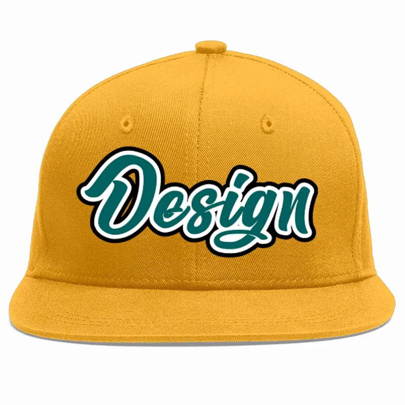 Baseball Cap For Family Orders-Custom Gold Aqua-White Flat Eaves Sport Baseball Cap Design for Men/Women/Youth