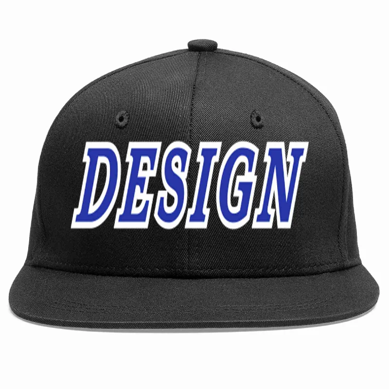 Baseball Cap With Bold Text-Custom Black Royal-White Flat Eaves Sport Baseball Cap Design for Men/Women/Youth