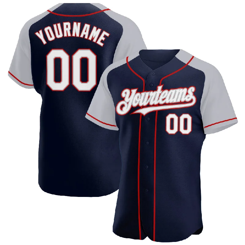 Baseball Jersey With Adjustable Fit-Custom Navy White Gray-Red Authentic Raglan Sleeves Baseball Jersey