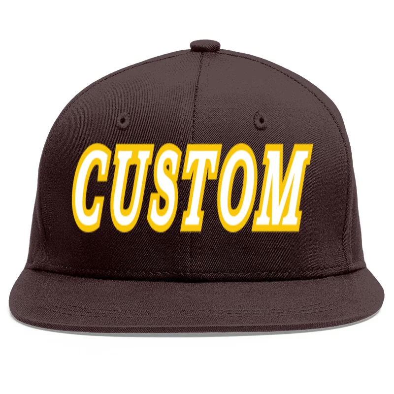 Baseball Cap With Player Number-Custom Brown White-Gold Flat Eaves Sport Baseball Cap