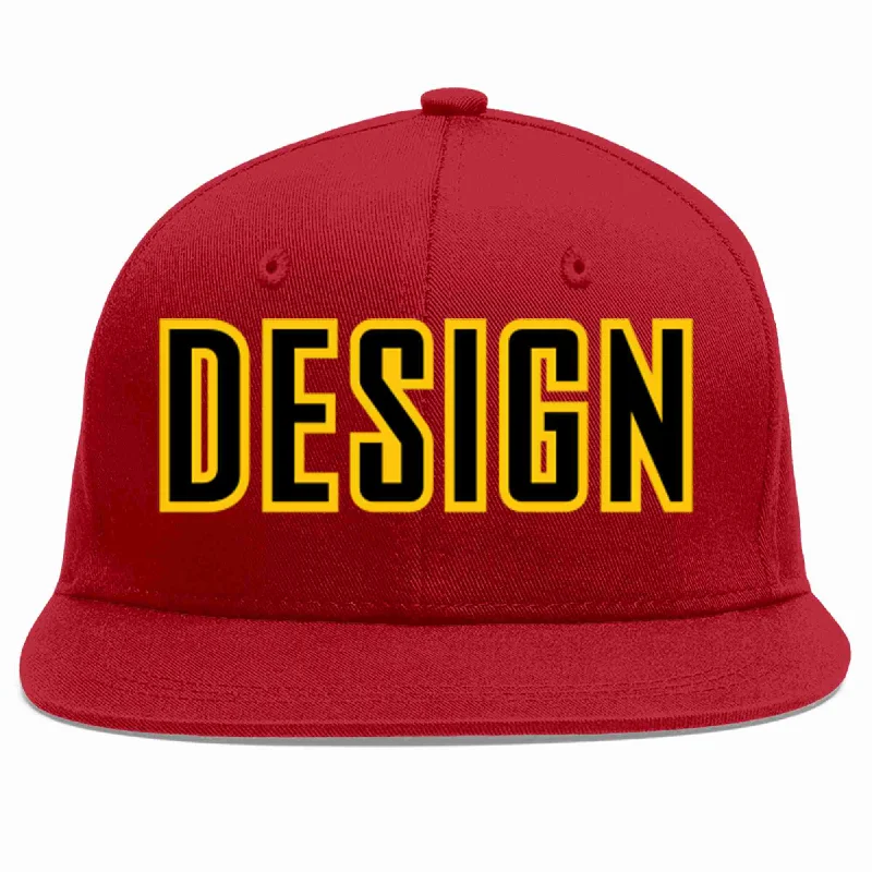 Baseball Cap With Ventilation-Custom Red Black-Gold Flat Eaves Sport Baseball Cap Design for Men/Women/Youth